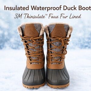 Insulated Waterproof Duck Boots 3M Thinsulate Faux Fur Lined Snow Boots Brown